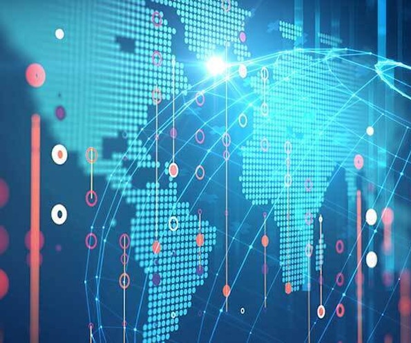 Global AI Integration in Modern Business Networks A digital globe and data points over a world map, symbolizing global business use of artificial intelligence and data networks.